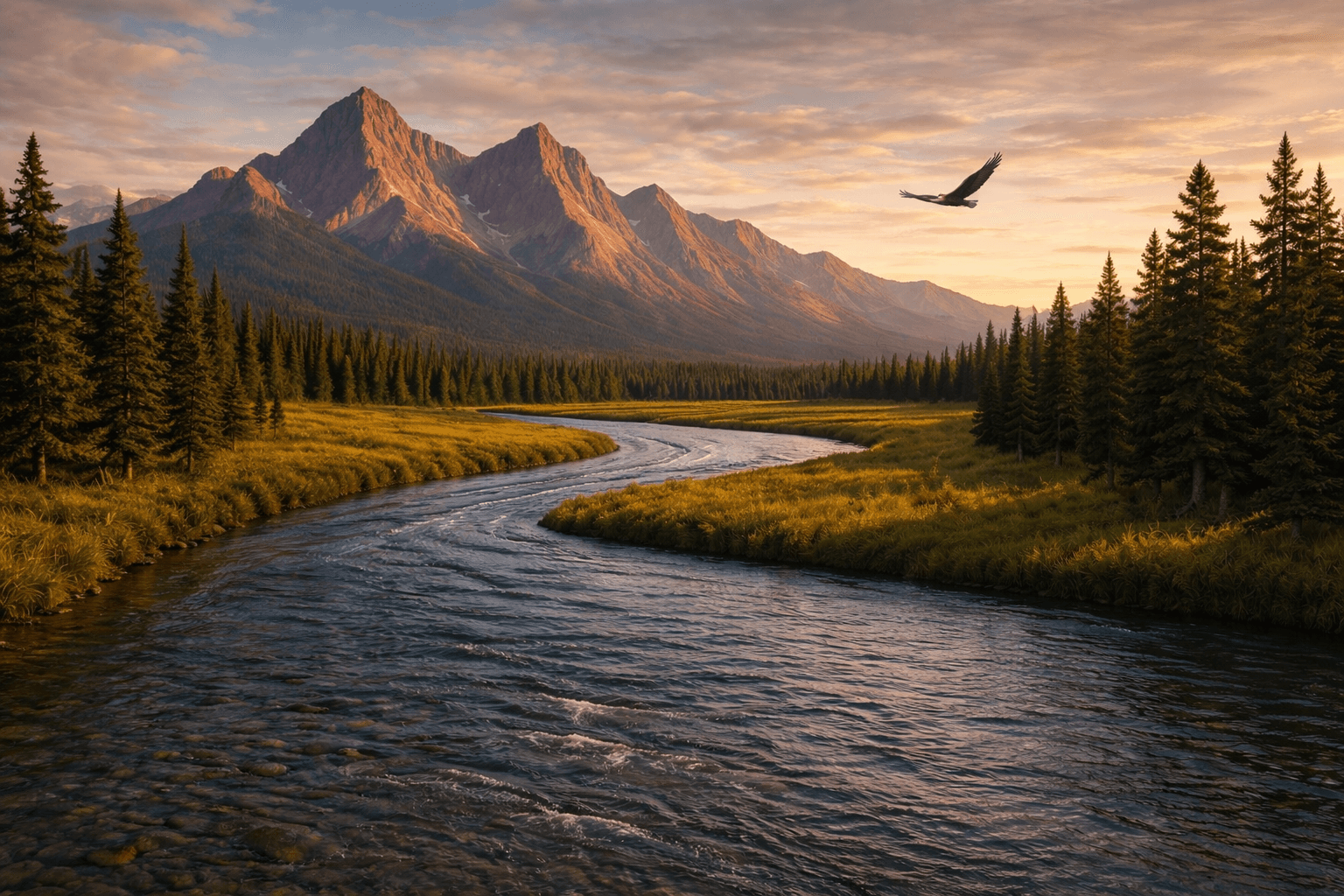 Mountain river with eagle